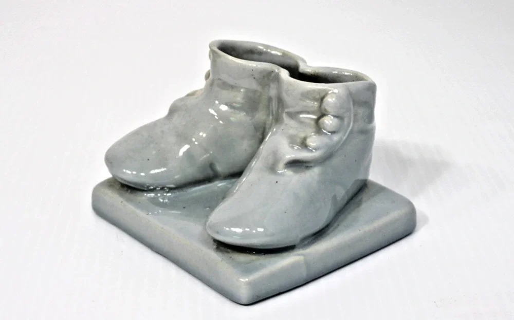Vintage 1940s Haeger Blue Ceramic Baby Shoes Planter Nursery Decor Kitschy